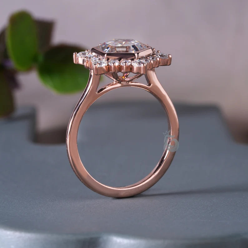 4CT Hexagon Step Cut Moissanite Engagement Ring, Cluster Halo Antique Style