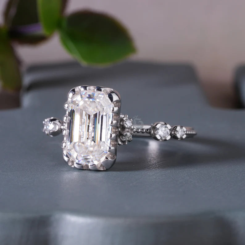 3CT Emerald Cut Moissanite Hidden Halo Engagement Ring, 14K White Gold