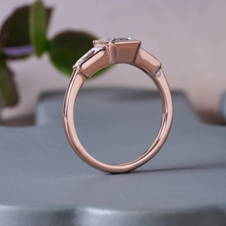 Radiant Cut Moissanite Bezel Ring, Three Stone Baguette, 14K Rose Gold
