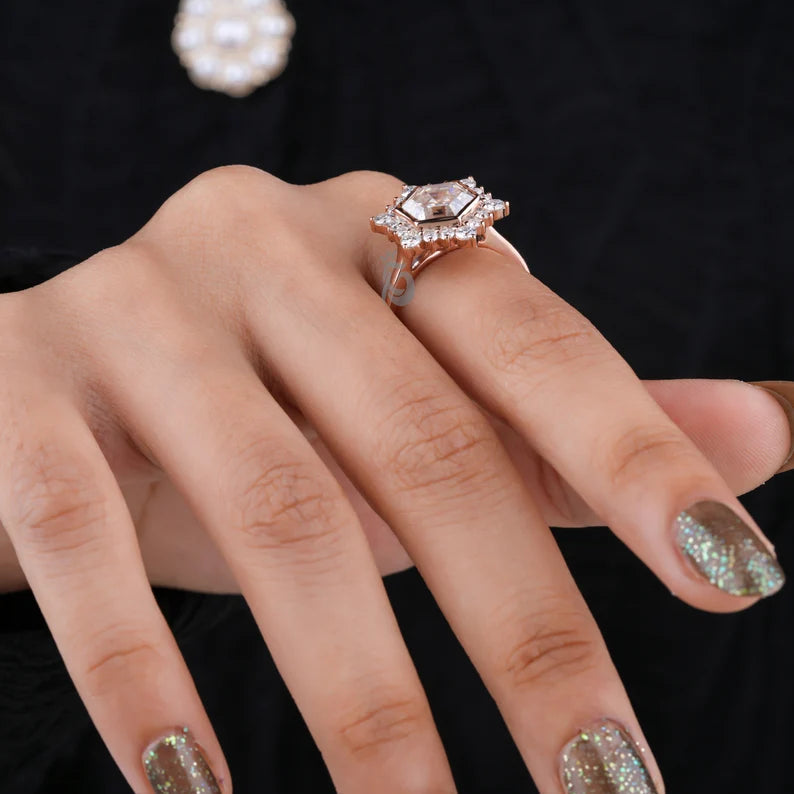 4CT Hexagon Step Cut Moissanite Engagement Ring, Cluster Halo Antique Style