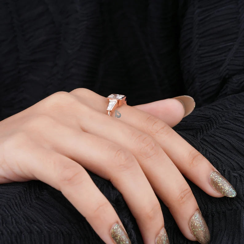 Radiant Cut Moissanite Bezel Ring, Three Stone Baguette, 14K Rose Gold