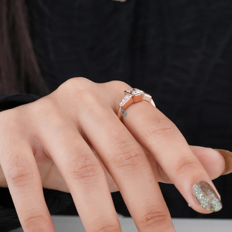 Radiant Cut Moissanite Bezel Ring, Three Stone Baguette, 14K Rose Gold