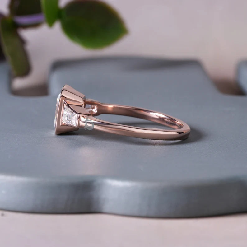 Radiant Cut Moissanite Bezel Ring, Three Stone Baguette, 14K Rose Gold