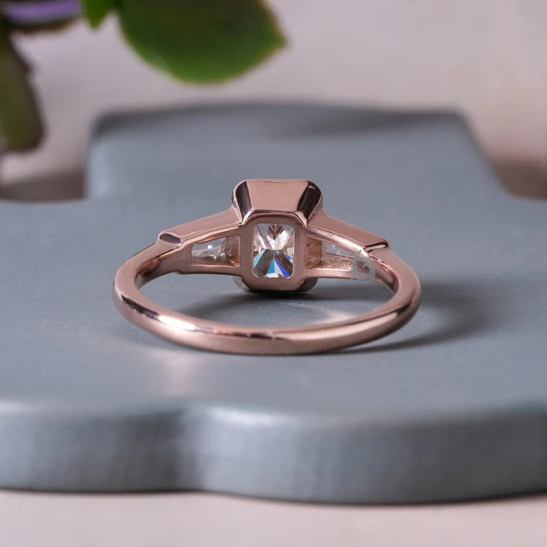 Radiant Cut Moissanite Bezel Ring, Three Stone Baguette, 14K Rose Gold
