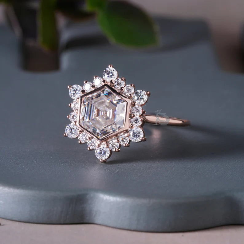 4CT Hexagon Step Cut Moissanite Engagement Ring, Cluster Halo Antique Style
