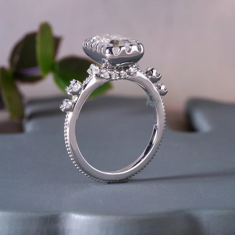 3CT Emerald Cut Moissanite Hidden Halo Engagement Ring, 14K White Gold