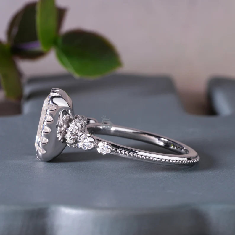 3CT Emerald Cut Moissanite Hidden Halo Engagement Ring, 14K White Gold