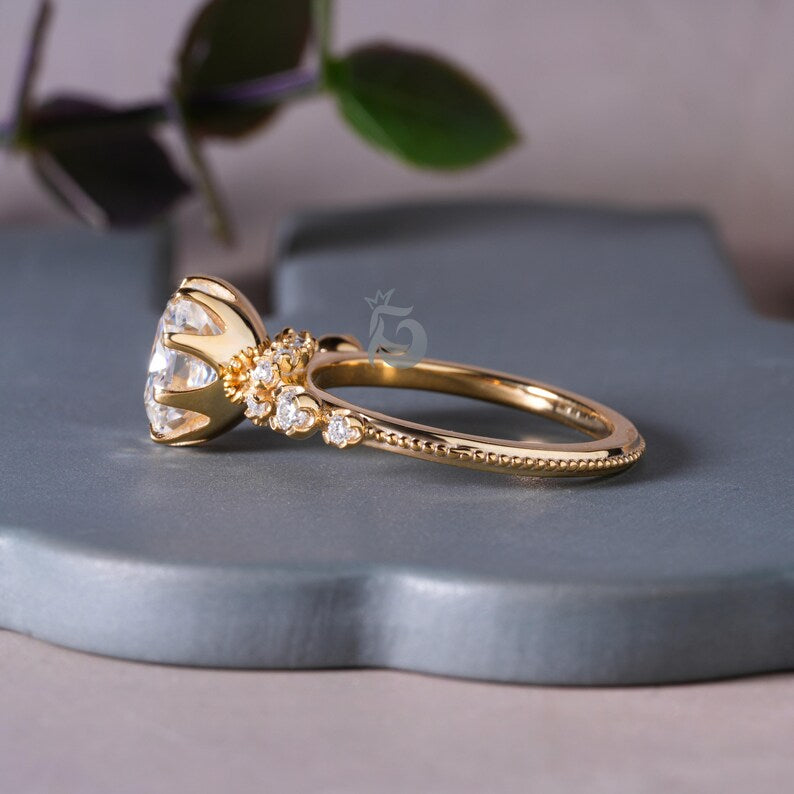 Elongated Cushion Moissanite Hidden Halo Engagement Ring, 18K Yellow Gold