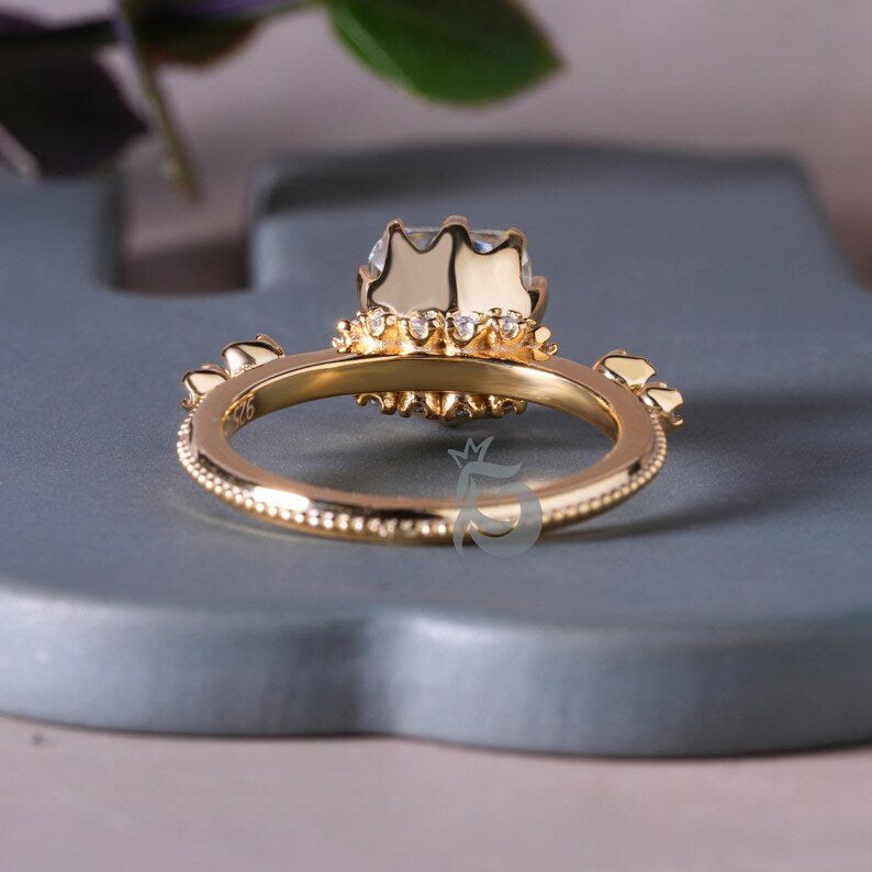 Elongated Cushion Moissanite Hidden Halo Engagement Ring, 18K Yellow Gold