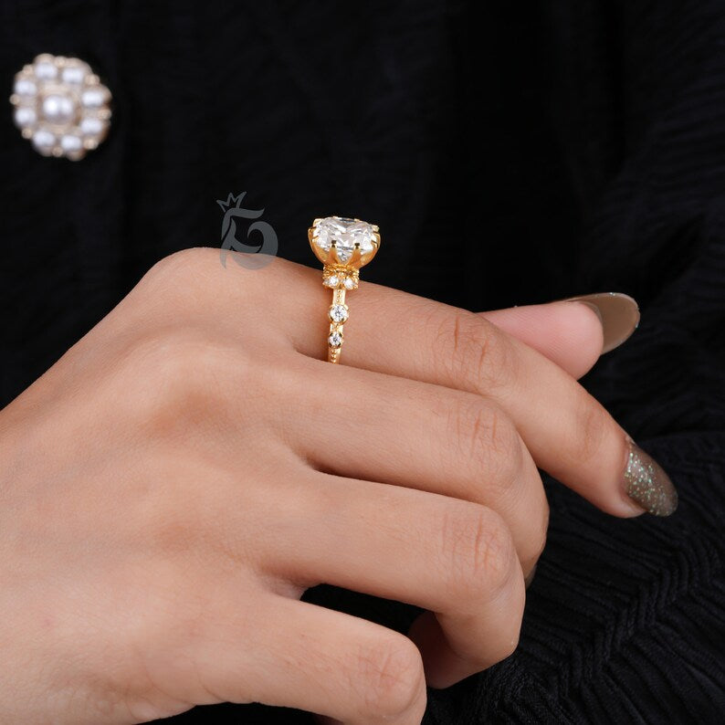 Elongated Cushion Moissanite Hidden Halo Engagement Ring, 18K Yellow Gold