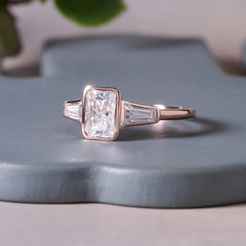 Radiant Cut Moissanite Bezel Ring, Three Stone Baguette, 14K Rose Gold