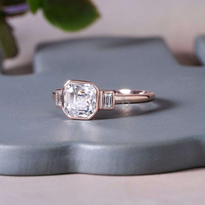1.5TW Asscher Moissanite Three Stone Bezel Engagement Ring, 14K Rose Gold