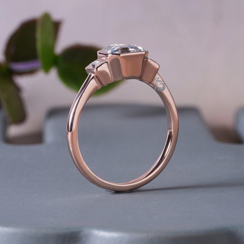 1.5TW Asscher Moissanite Three Stone Bezel Engagement Ring, 14K Rose Gold