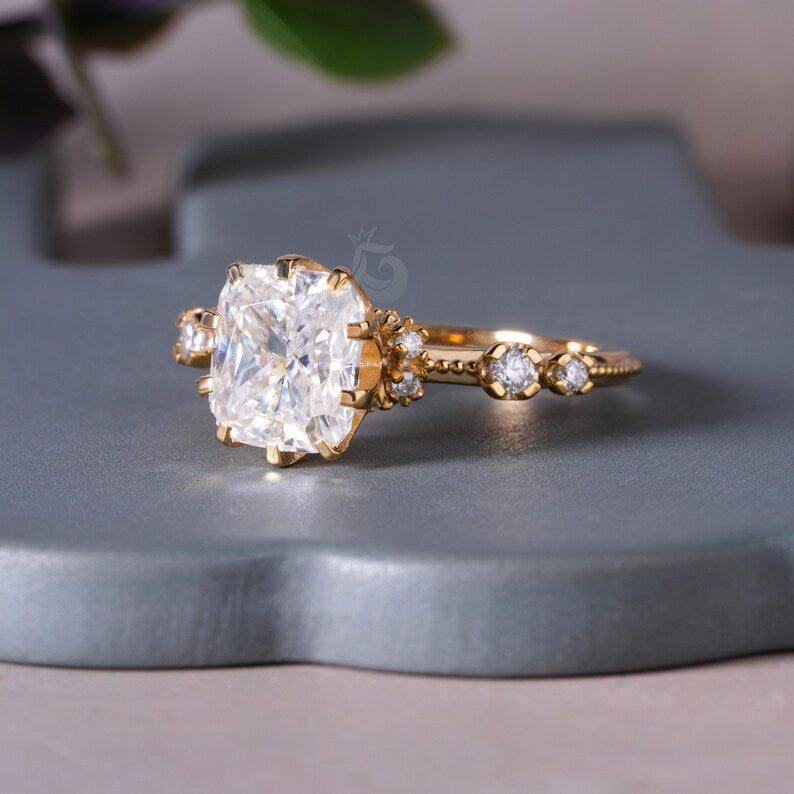 Elongated Cushion Moissanite Hidden Halo Engagement Ring, 18K Yellow Gold