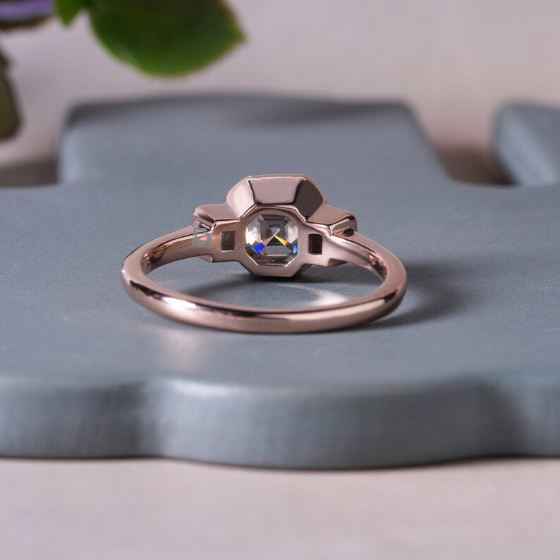 1.5TW Asscher Moissanite Three Stone Bezel Engagement Ring, 14K Rose Gold