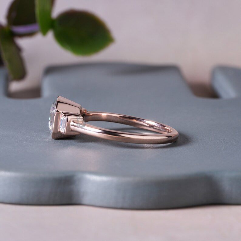 1.5TW Asscher Moissanite Three Stone Bezel Engagement Ring, 14K Rose Gold