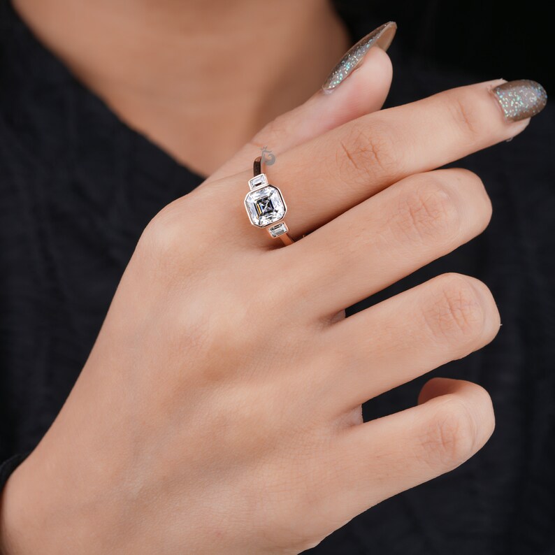 1.5TW Asscher Moissanite Three Stone Bezel Engagement Ring, 14K Rose Gold