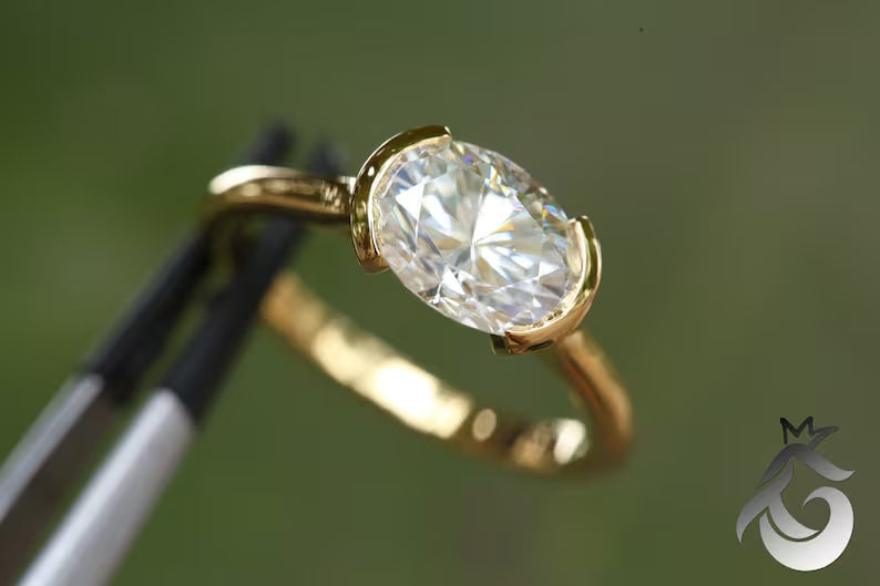 10x8mm Oval Cut Moissanite Engagement Ring in 10K/14K/18K White Gold, Half Bezel Set Solitaire.