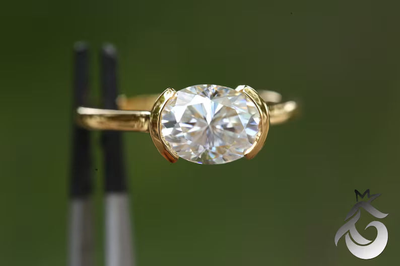 10x8mm Oval Cut Moissanite Engagement Ring in 10K/14K/18K White Gold, Half Bezel Set Solitaire.