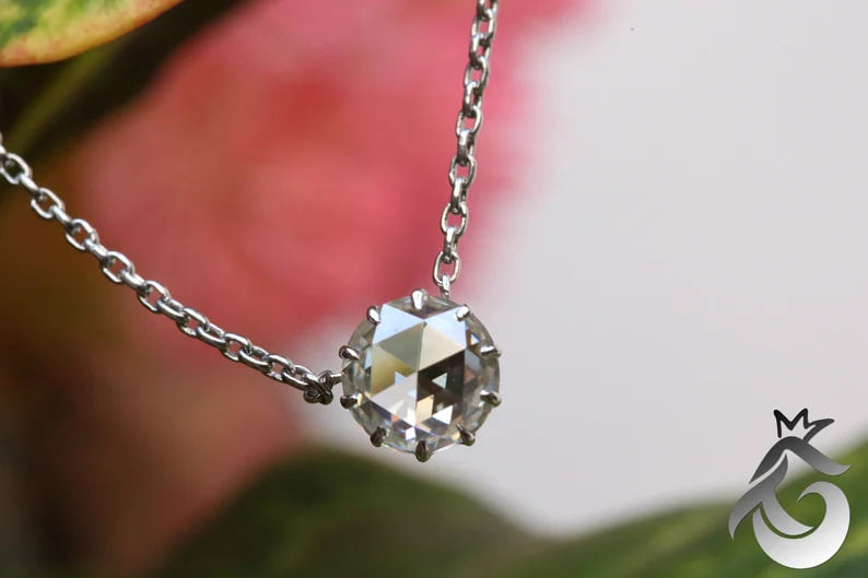 White Gold Round Rose Cut Moissanite Solitaire Pendant Necklace