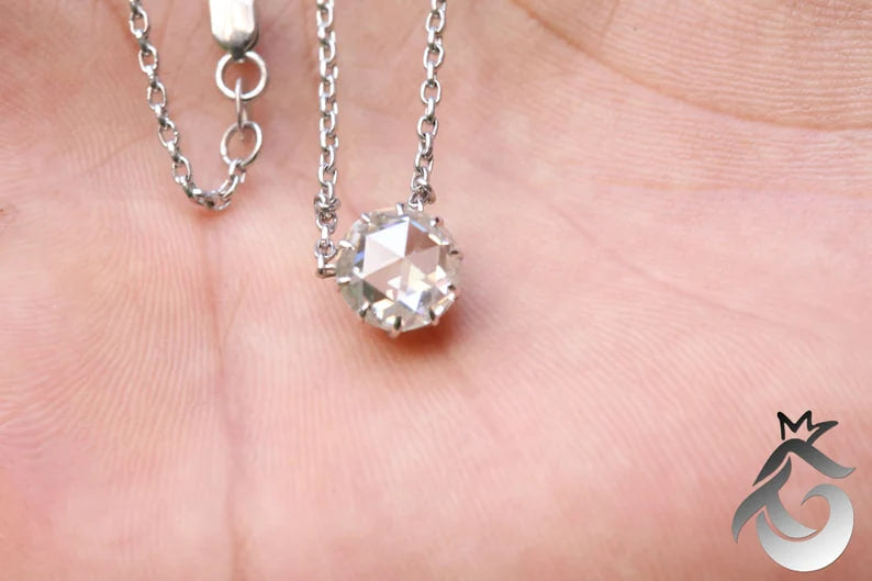 White Gold Round Rose Cut Moissanite Solitaire Pendant Necklace