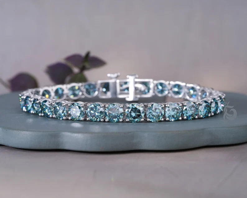 Blue Moissanite Tennis Bracelet – 10K White Gold Bridal Jewelry