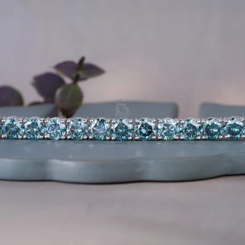 Blue Moissanite Tennis Bracelet – 10K White Gold Bridal Jewelry