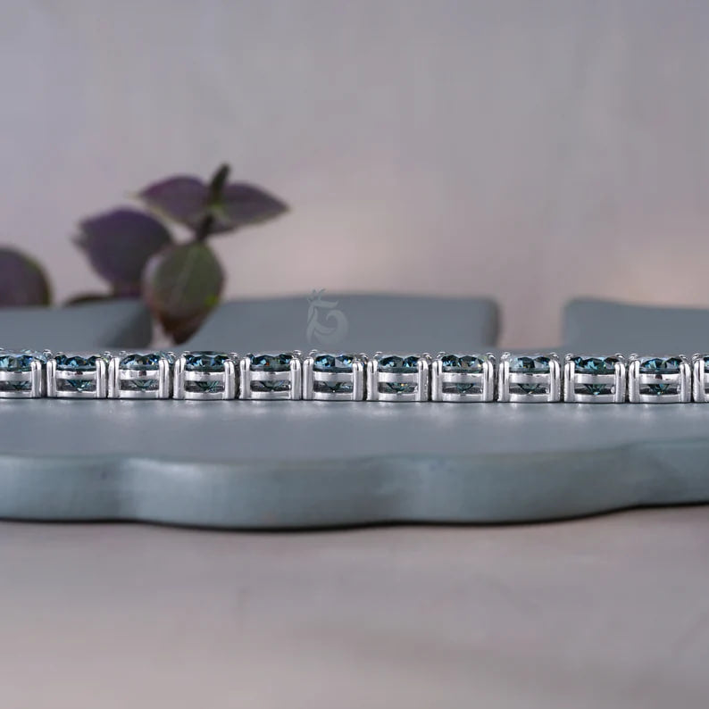 Blue Moissanite Tennis Bracelet – 10K White Gold Bridal Jewelry