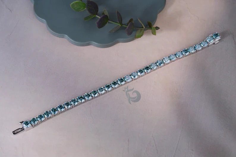 Blue Moissanite Tennis Bracelet – 10K White Gold Bridal Jewelry