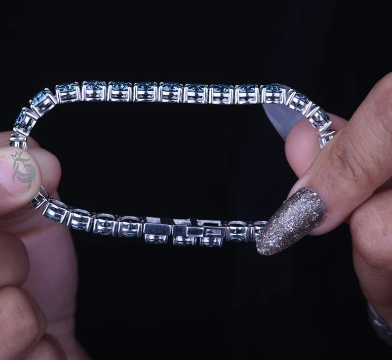Blue Moissanite Tennis Bracelet – 10K White Gold Bridal Jewelry