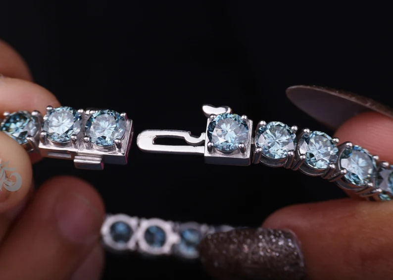 Blue Moissanite Tennis Bracelet – 10K White Gold Bridal Jewelry