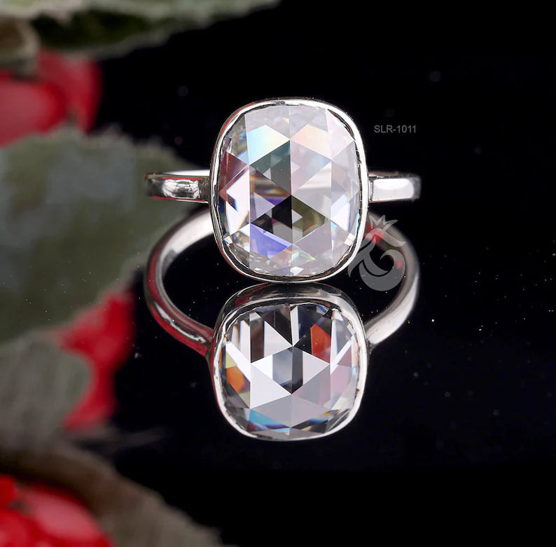 6.62CT Cushion Rose-Cut Moissanite Ring – 14K White Gold Bezel Set Vintage Wedding & Anniversary Ring