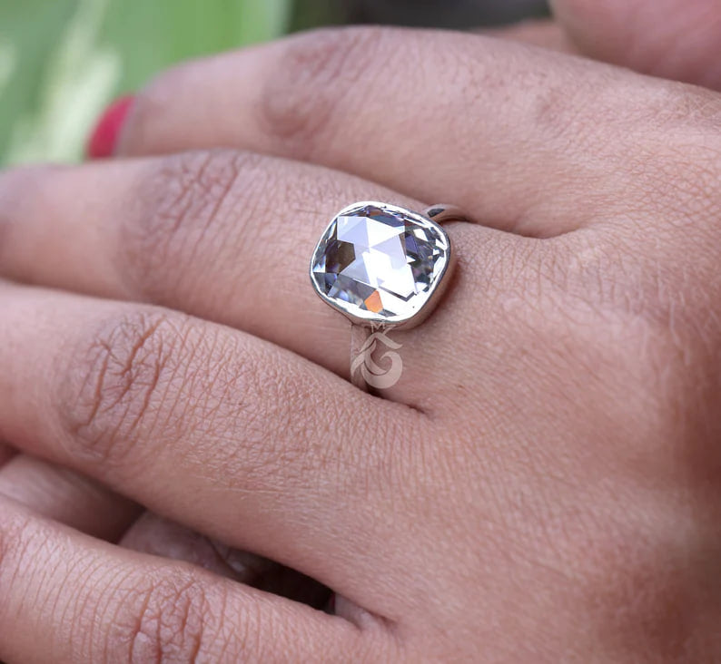 6.62CT Cushion Rose-Cut Moissanite Ring – 14K White Gold Bezel Set Vintage Wedding & Anniversary Ring