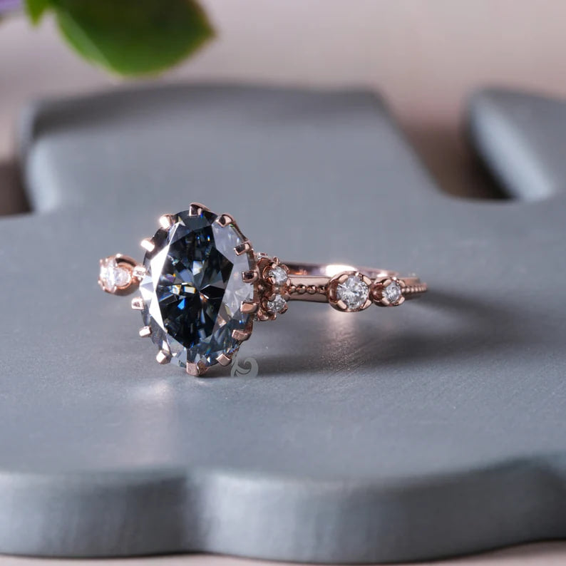 Oval Dark Grey Moissanite Engagement Ring, Hidden Halo, 14K Rose Gold