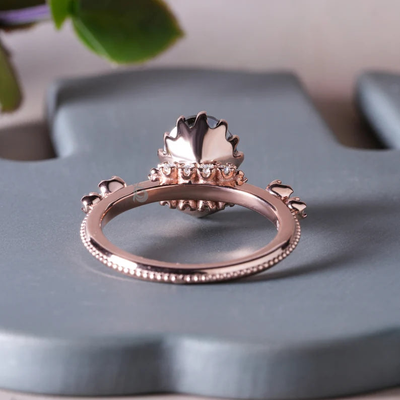 Oval Dark Grey Moissanite Engagement Ring, Hidden Halo, 14K Rose Gold