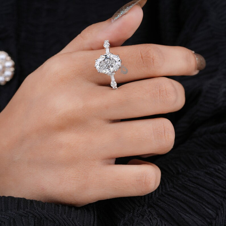 3CT Oval Crushed Ice Moissanite Engagement Ring, Hidden Halo, 10K White Gold