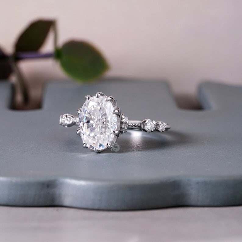 3CT Oval Crushed Ice Moissanite Engagement Ring, Hidden Halo, 10K White Gold