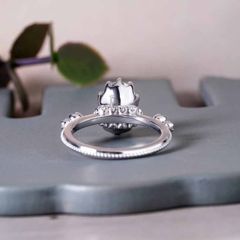 3CT Oval Crushed Ice Moissanite Engagement Ring, Hidden Halo, 10K White Gold