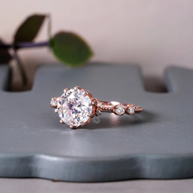 2.70CT Round Translation Cut Moissanite Art Deco Ring, 14K Rose Gold