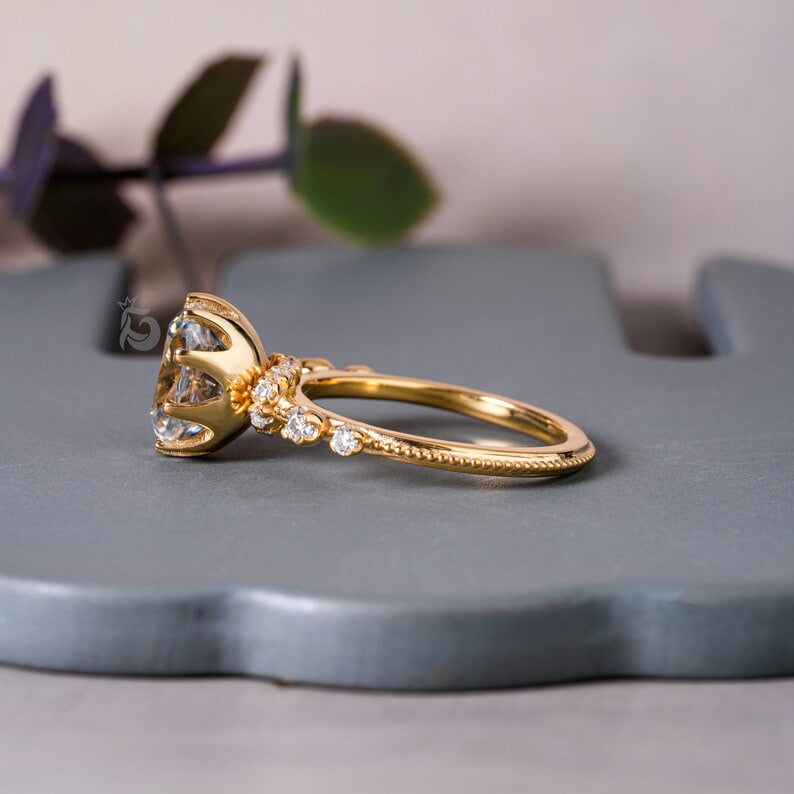 Antique Cushion Cut Gray Moissanite Engagement Ring, 14K Yellow Gold