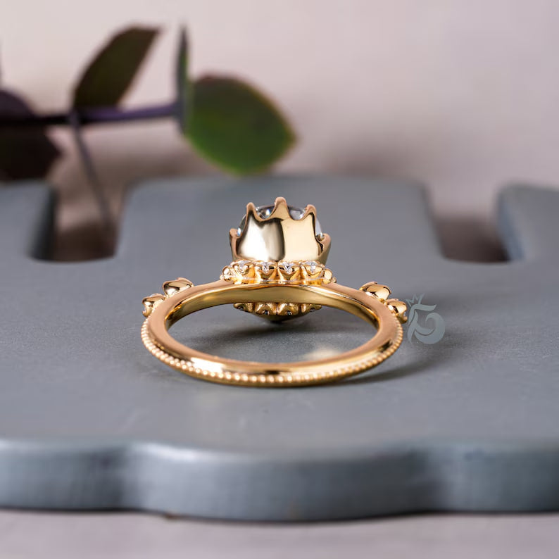 Antique Cushion Cut Gray Moissanite Engagement Ring, 14K Yellow Gold