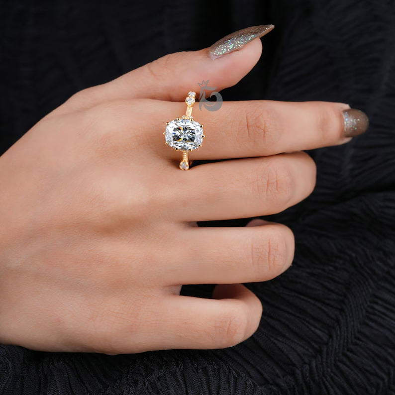 Antique Cushion Cut Gray Moissanite Engagement Ring, 14K Yellow Gold