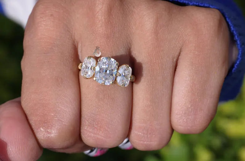 Old Mine Cushion Moissanite Three Stone Ring, 18K Yellow Gold, Double Claw Prong