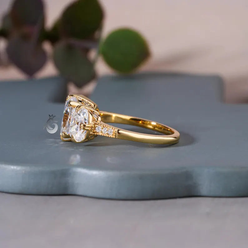 Old Mine Cushion Moissanite Three Stone Ring, 18K Yellow Gold, Double Claw Prong