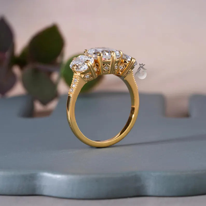 Old Mine Cushion Moissanite Three Stone Ring, 18K Yellow Gold, Double Claw Prong