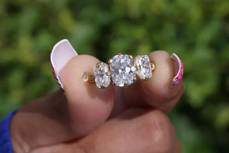 Old Mine Cushion Moissanite Three Stone Ring, 18K Yellow Gold, Double Claw Prong