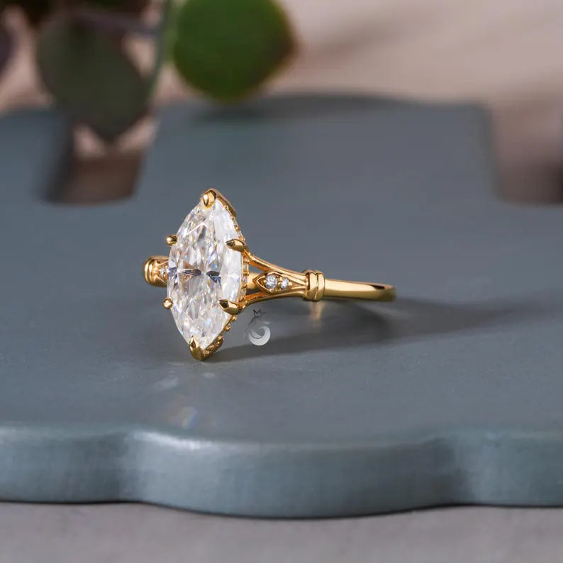 1.4CT Marquise Moissanite Ring, Hidden Halo, 14K Yellow Gold