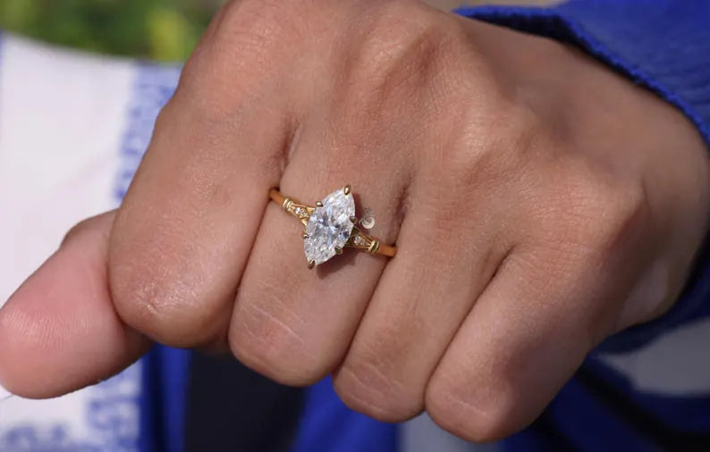 1.4CT Marquise Moissanite Ring, Hidden Halo, 14K Yellow Gold