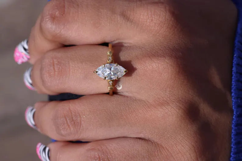 1.4CT Marquise Moissanite Ring, Hidden Halo, 14K Yellow Gold