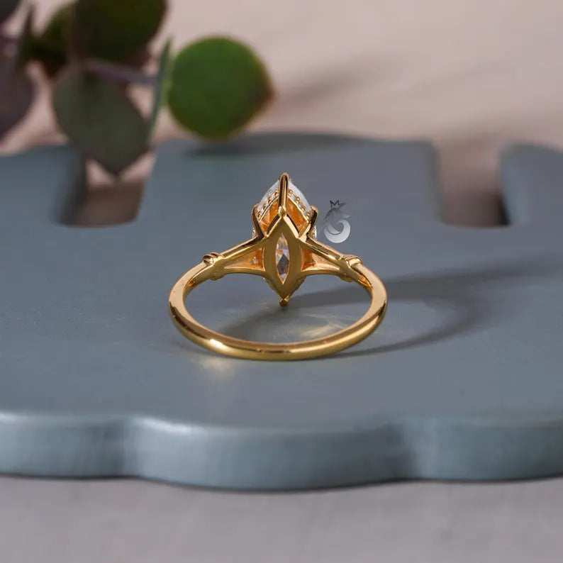 1.4CT Marquise Moissanite Ring, Hidden Halo, 14K Yellow Gold